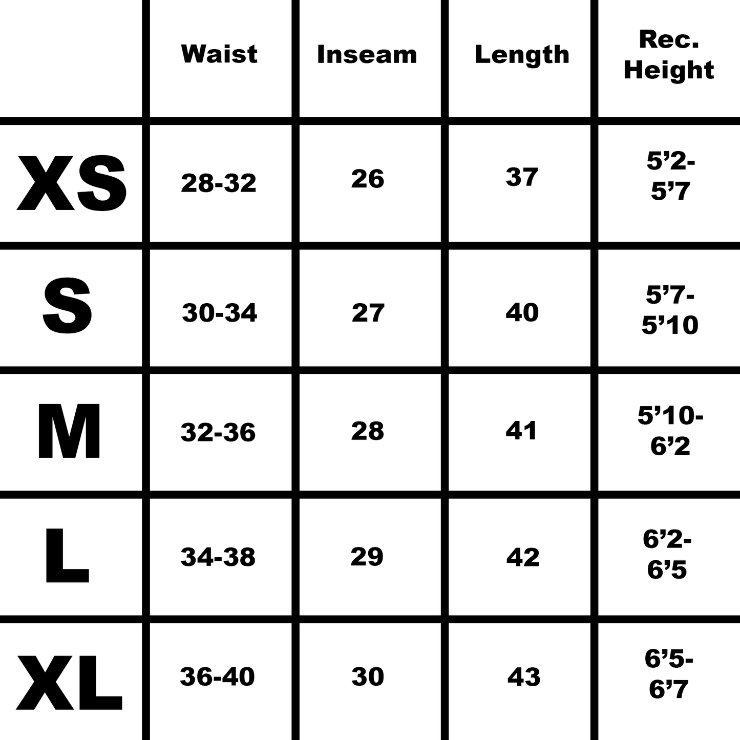 *Note inseams are short to account for dropped crotch, waistbands stretch up to 4 inches from shortest length.